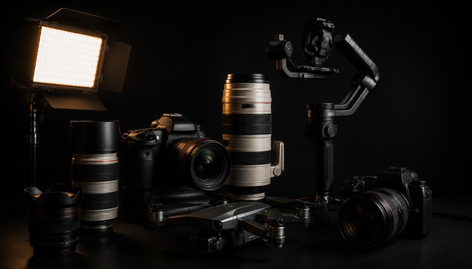 Professional cameras, lenses, lighting, gimbal and drone on a dark surface