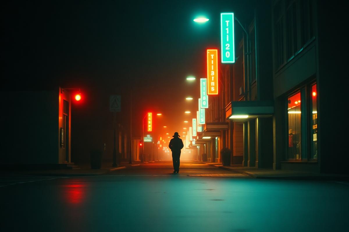 Cinematic night street scene lit by neon signs