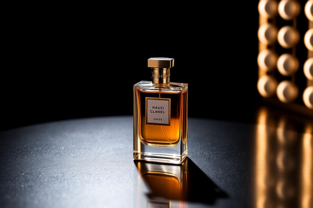 Perfume bottle lit on a dark reflective surface