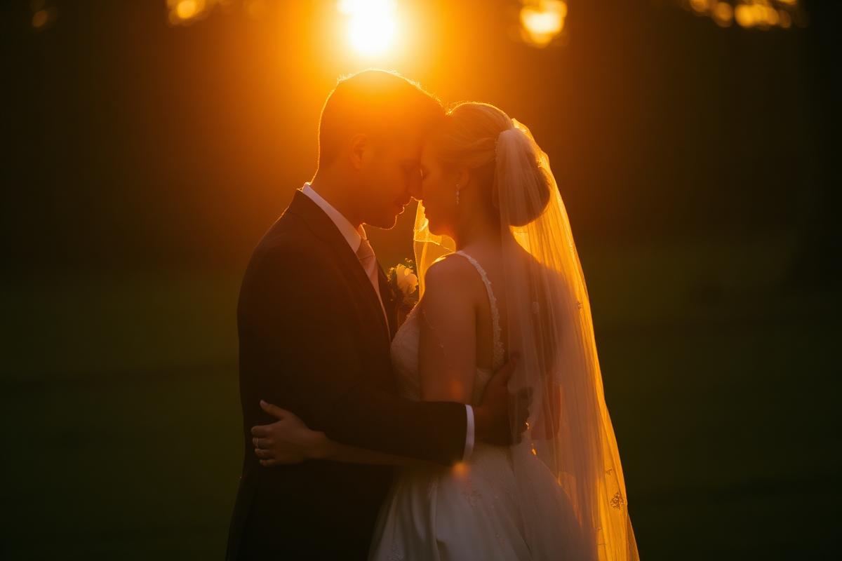 Bride and groom backlit by golden hour sunlight